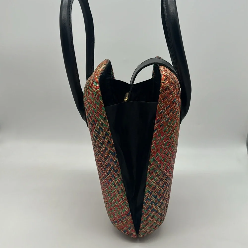 Vintage 70s Red Natural Straw Palm Leaf Rattan Rare Colorful Handbag Purse Bag - Picture 11 of 15